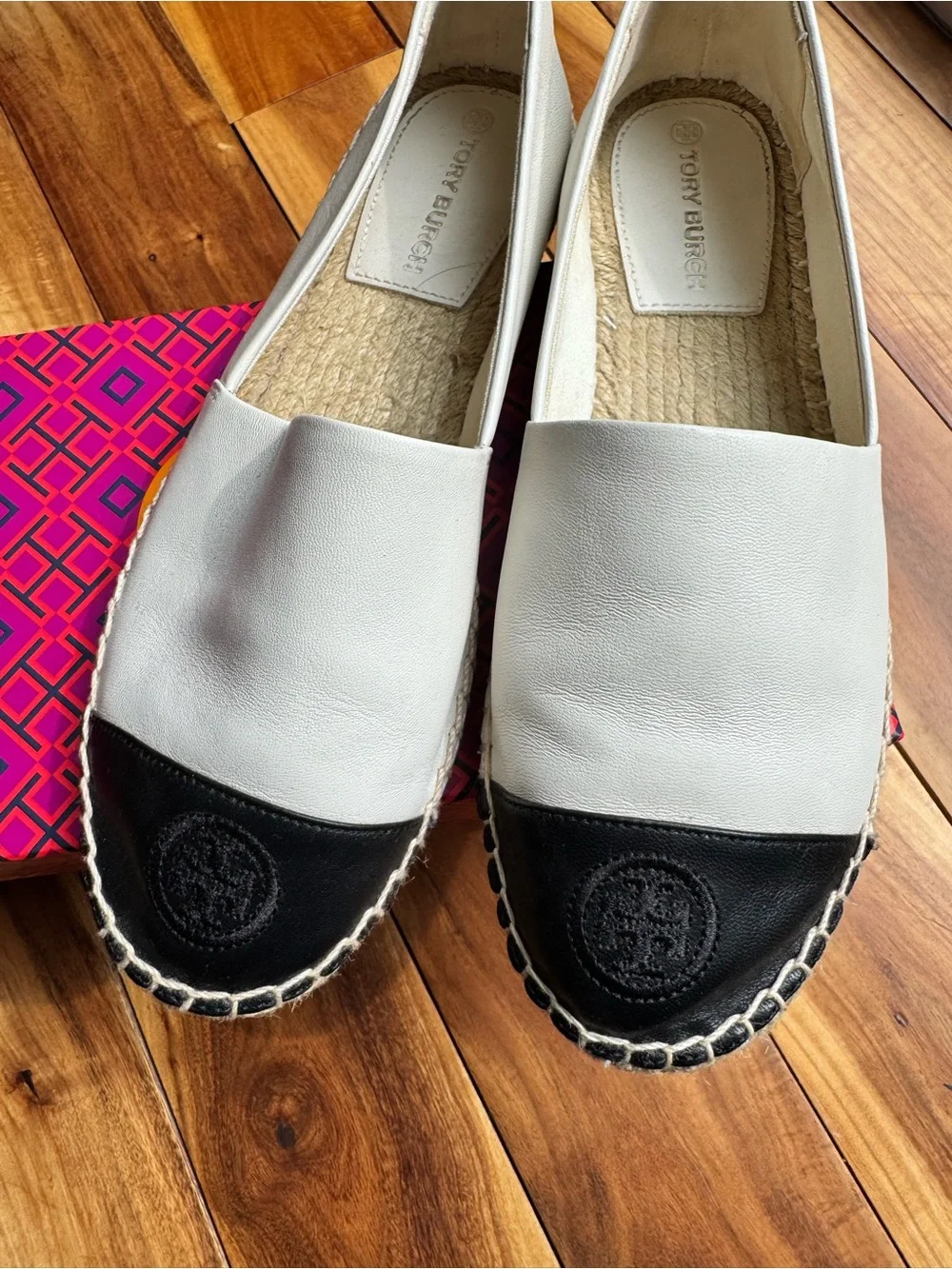 Tory Burch Two-Tone Leather Espadrille Flats in White and Black